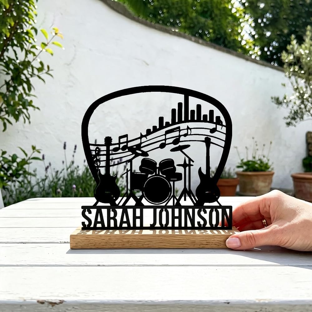 Personalized Metal Music Desktop Ornament with Wooden Base Stylish Guitar and Drum Kit Decor Unique Birthday Gift for Musicians Home Office Decor