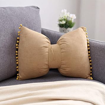 Velvet Throw Pillow Pompoms Decorative Solid Color Cute Bowknit Small Lumbar Cushion with Insert for Girls Bedroom Sofa Couch 14"x20",Champagne