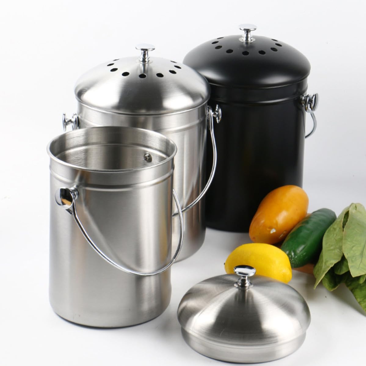 Geruchsdichter Edelstahl Kompostbehälter mit Deckel und Aktivkohlefilter 2,5 Liter für Küchenrecycling und Biomüll Indoor