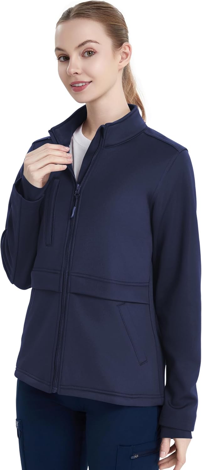 QBK Women's Heavyweight Bonded Fleece Scrub Jacket, Warm Modern Fit Zip-up Front Uniform Coat with 5 Pockets