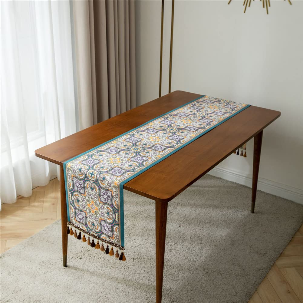 Highdi Purple Pattern Table Runner Washable Handmade Table Decorations Table Runners With Tassels Simplicity Tablerunner For Home Dining, Party, Banquet, Restaurant & Outdoors (35X270cm,)