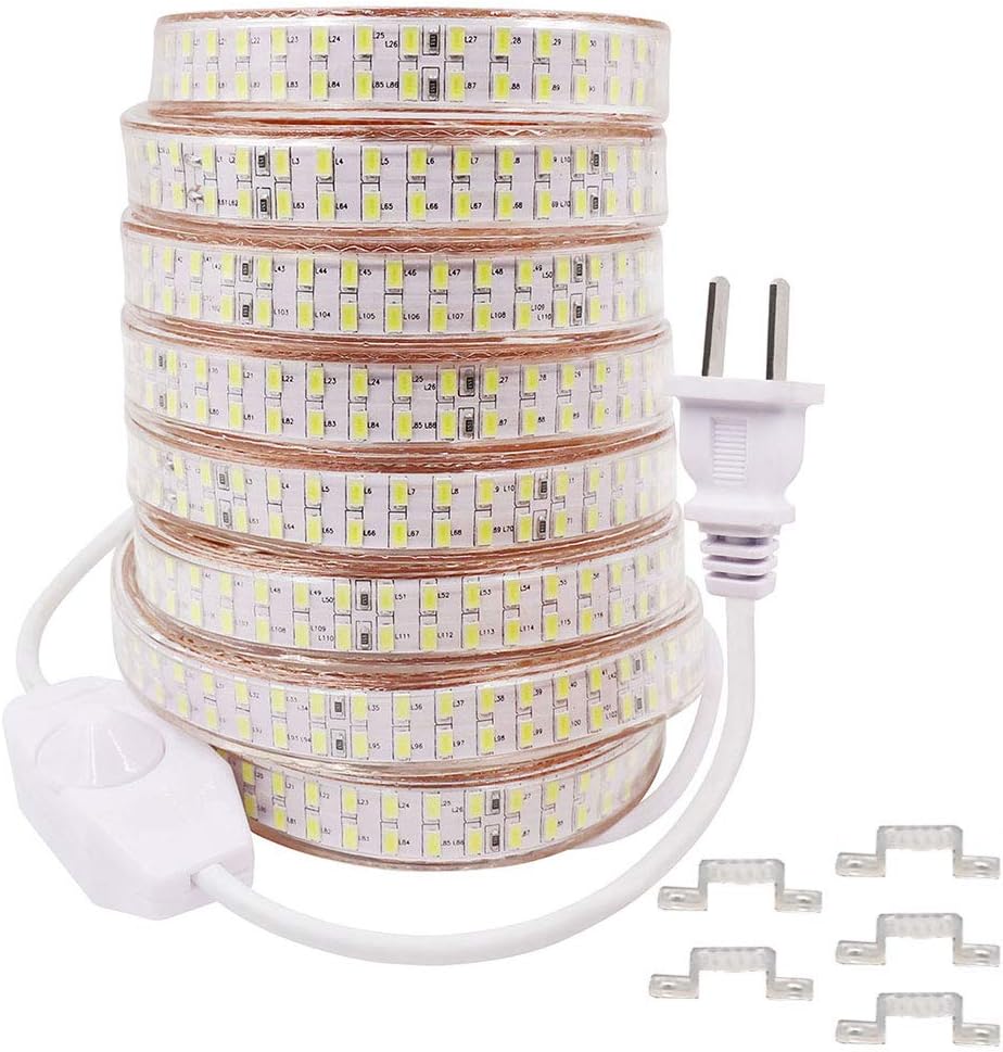 13ft Dimmable Waterproof LED Strip Rope Light with Dimmer US Plug, Double Row SMD 5730 AC 110V 240 LEDs/m Flexible LED Strip Lights for Garden Outdoor Home Decoration(Warm White)