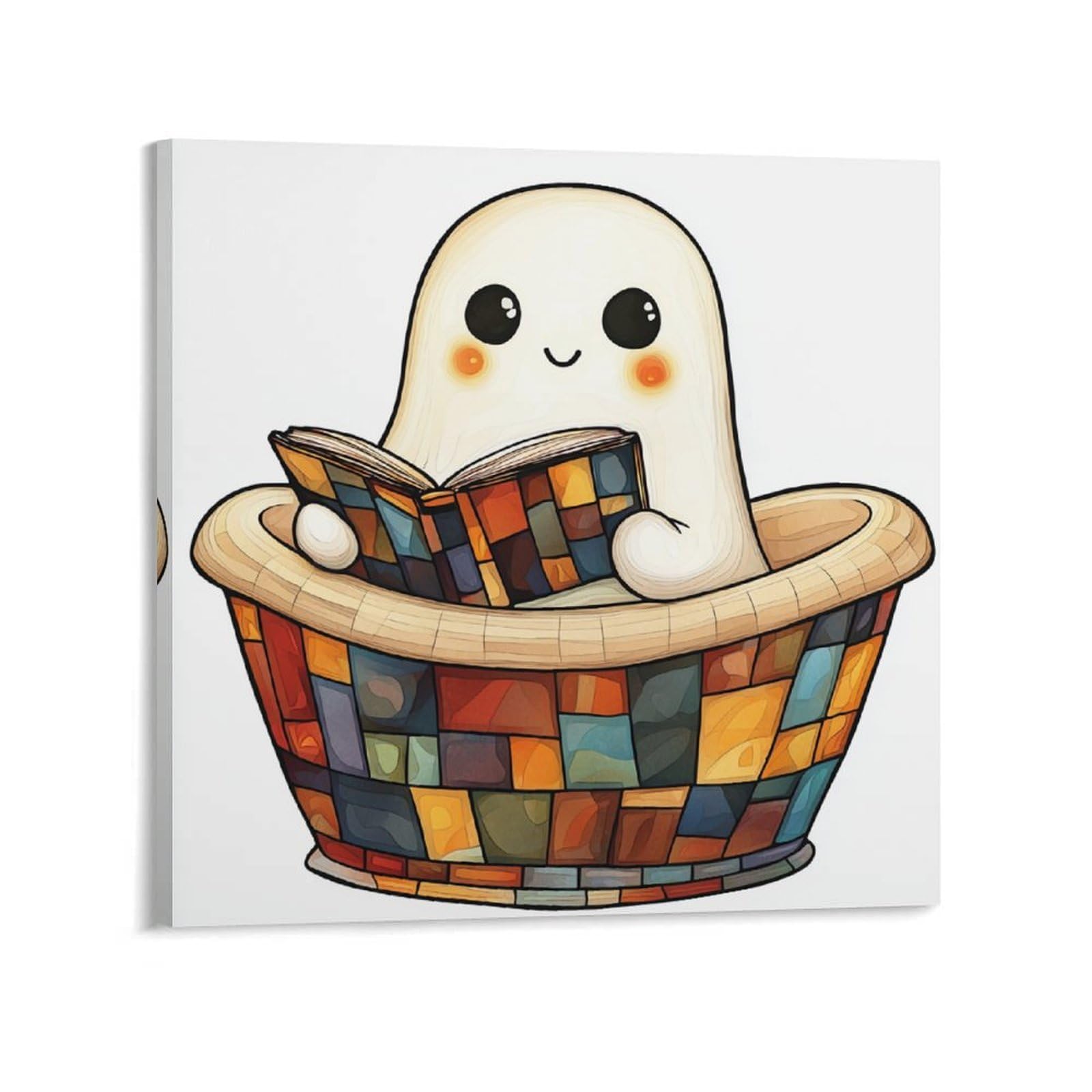 Jubonexis Cute Ghost Reading in The Bathtub Canvas Wall Art Poster Painting Aesthetic Picture for Living Room Farmhouse Decor Unframed 16x16inch(40x40cm)