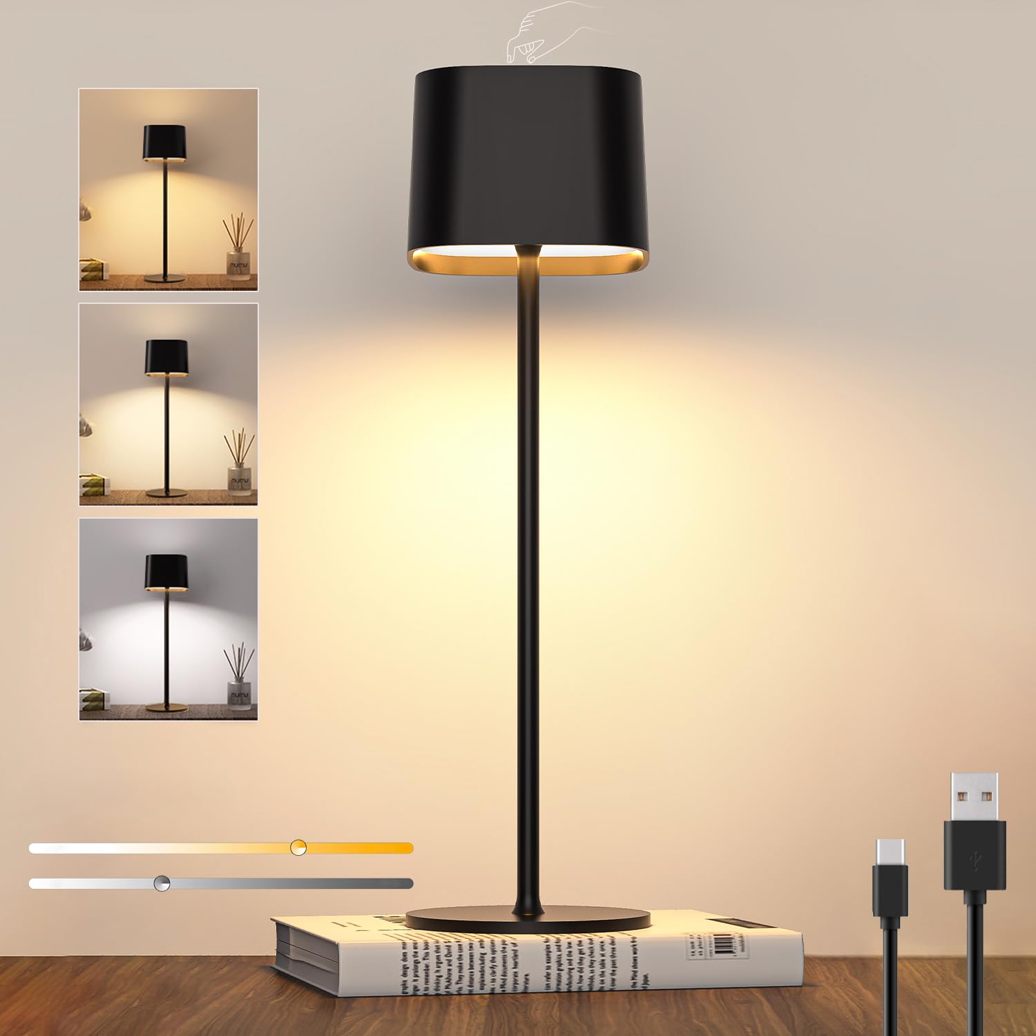lámparas de Mesa inalámbricas, lámpara de escritorio LED portátil recargable, batería de 5600 mAh, Lámparas de Mesita sin cable de noche táctil Regulable, para Interior/Exterior , Camping, Cafetería