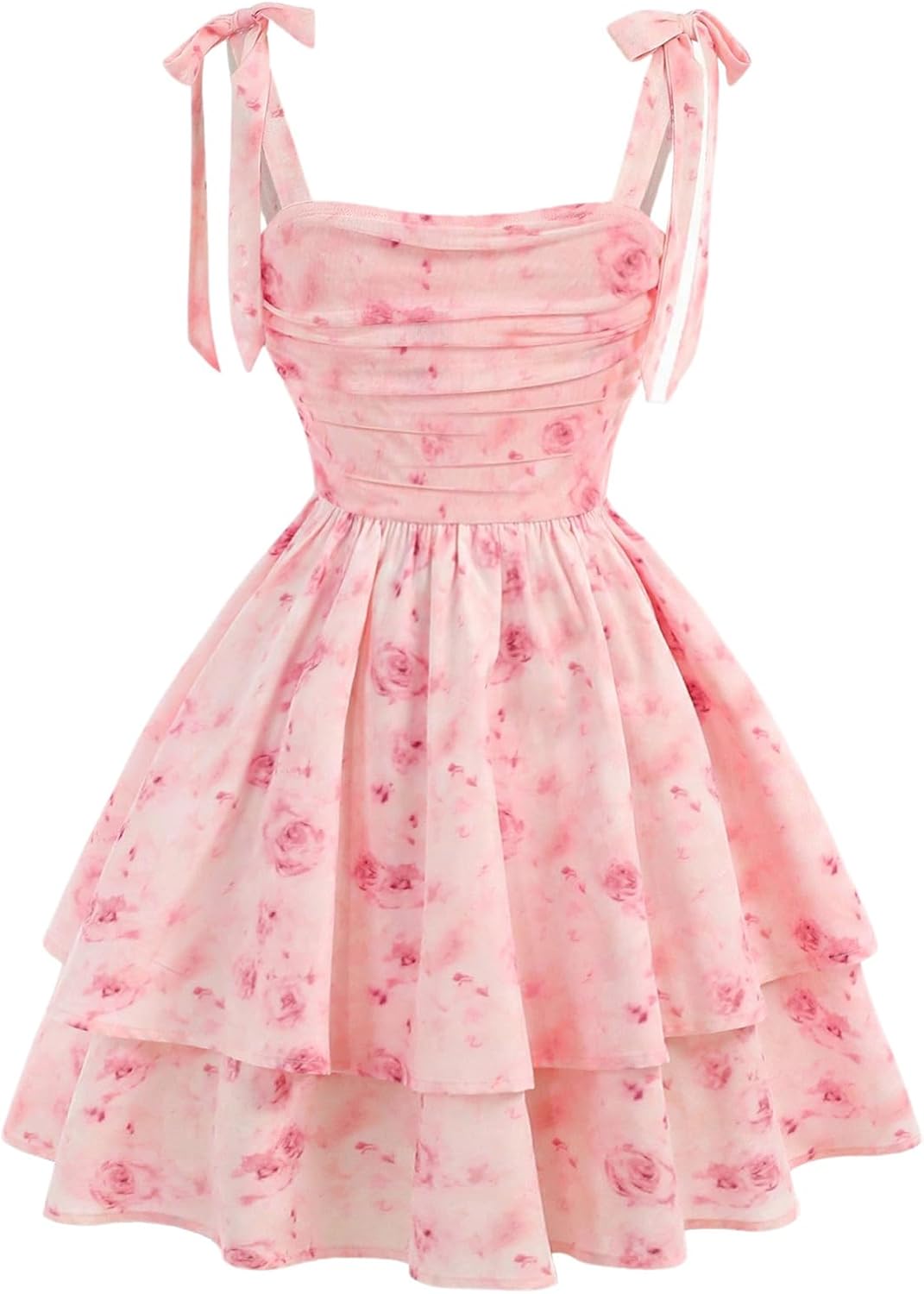 Floerns Girl's Floral Tie Shoulder Cami Dress Ruched Layered Ruffle Hem Short Dresses