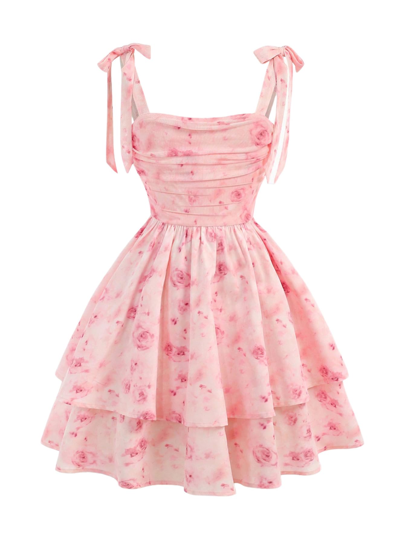 Girl's Floral Tie Shoulder Ruffle Dress Ruched Tiered Sleeveless Short Summer Dresses