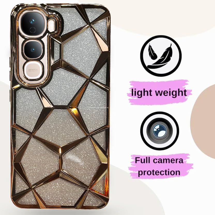 Image of VONZEE Gradient Glitter Case for VIVO Y400, Luxury Electroplated 3D Cube, Diamond Bling Shiny Soft TPU Clear Shockproof Women Girls Protective Phone Cover (Gold)
