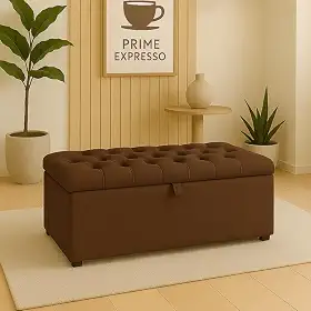 Puff Baú Pé De Cama 90 Cm Sued Capitone Armazenamento Quarto Decorativo Confortável(Marrom,Tampa Capitonê 4 cm De Altura)