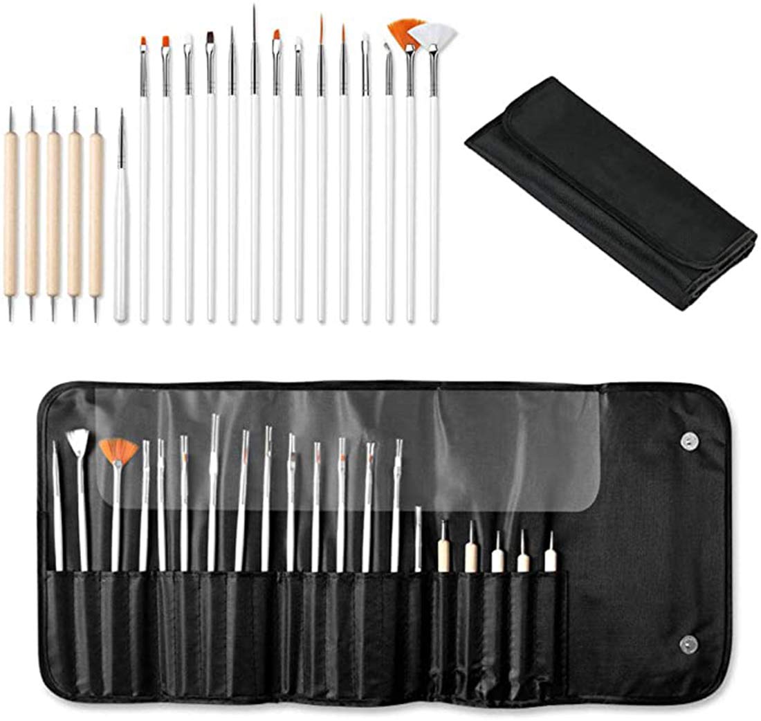 DELFINO Nail Art Tool Manicure Black Kit - 15 Pcs Nail Art Brushes Nail Art Design Painting Brushes 5 Pcs Natural Wooden Dotting Pen Nail Polish for French Manicure, Gradient, Drawing Flowers Easily