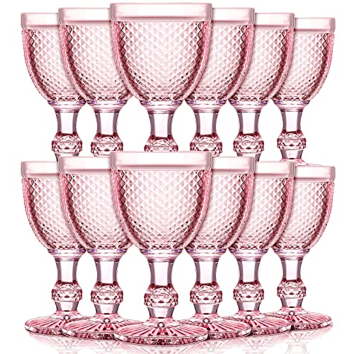 Bokon 12 Pack Pink Wine Glasses Red Wine Glass Goblets High Clear Wine Glass 10 Oz Vintage Glass Goblet Embossed Diamond Design Glassware Goblet With Stem For Juice Liquor Party Wedding Bar Restaurant #TOP27