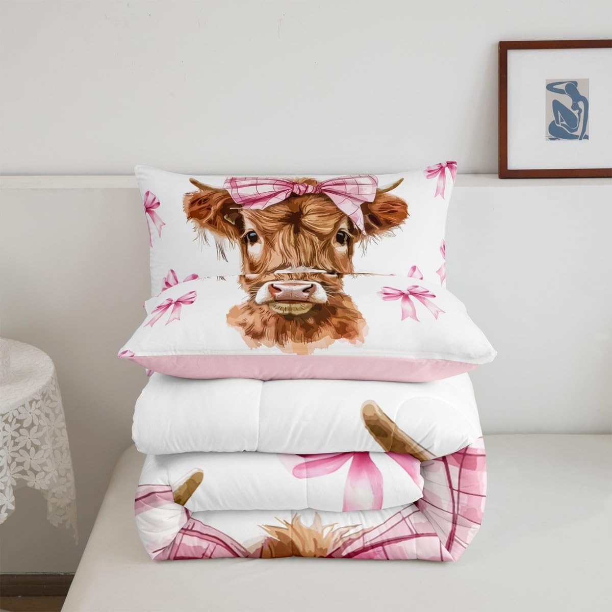 Feelyou Highland Cow Bedding Set Boys Girls Full Size Highland Cattle Comforter Set for Kids Women Men Pink Bow Comforter Kawaii Animal Duvet Set Cute Quilt Set