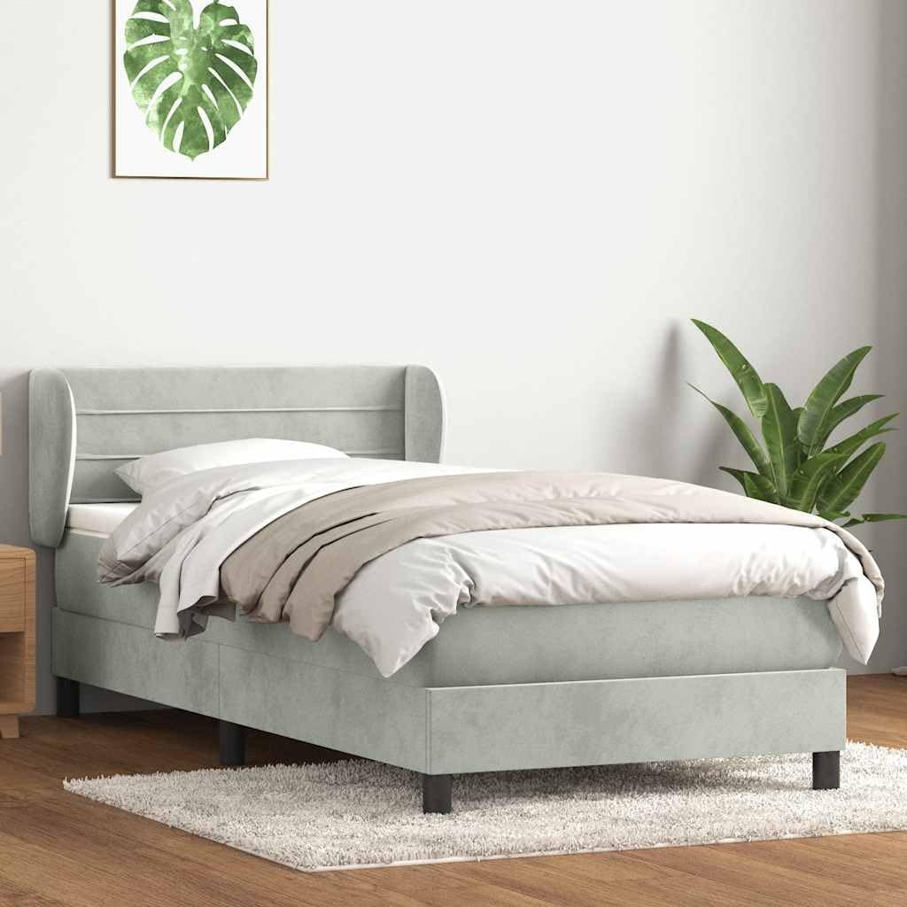 ACAGALA Letto a molle con materasso 80 x 210 cm, letto imbottito in velluto, letto singolo con testiera a strisce orizzontali, telaio del letto con rete a doghe, gamba di supporto rinforzata, grigio