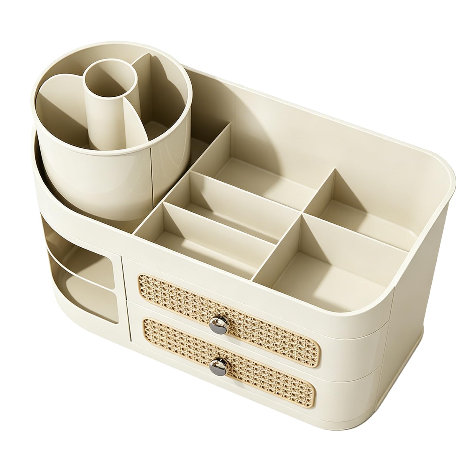 Ejoyous Walizka do Przechowywania Kosmetyków Plastikowy Organizer na Przybory do Makijażu z 2 Szufladami i Uchwytem na Pędzle Wielowarstwowe Przechowywanie Blacie 35,2 X 19, X 26,4 Cm Toaletki (WHITE)