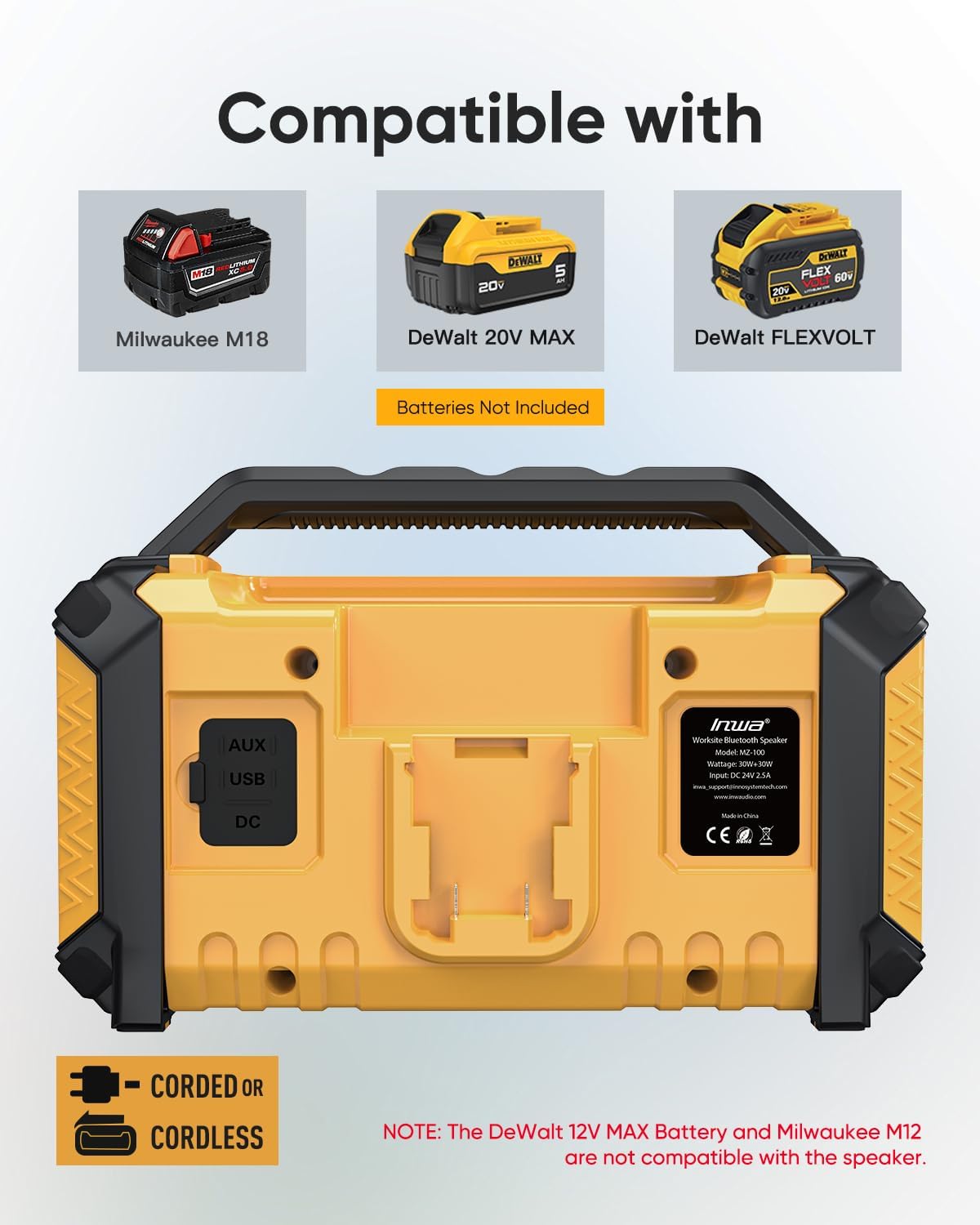 Inwa Jobsite Bluetooth Speakers Compatible with DeWalt 20V/FLEXVOLT & Milwaukee M18 Battery, 60W Portable Outdoor Wireless Boombox w/Bass, RGB Lights, Loud Speaker for Worksite/Workshop/Garage(Golden)