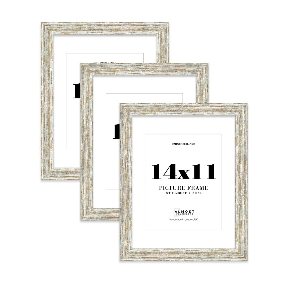 14x11" Distressed White Oak Picture Frame with 10x8" Mount - Weathered Photo Frame with Distressed Finish, Wall Hooks and Kickstand, 32mm Edge - 3 Pack