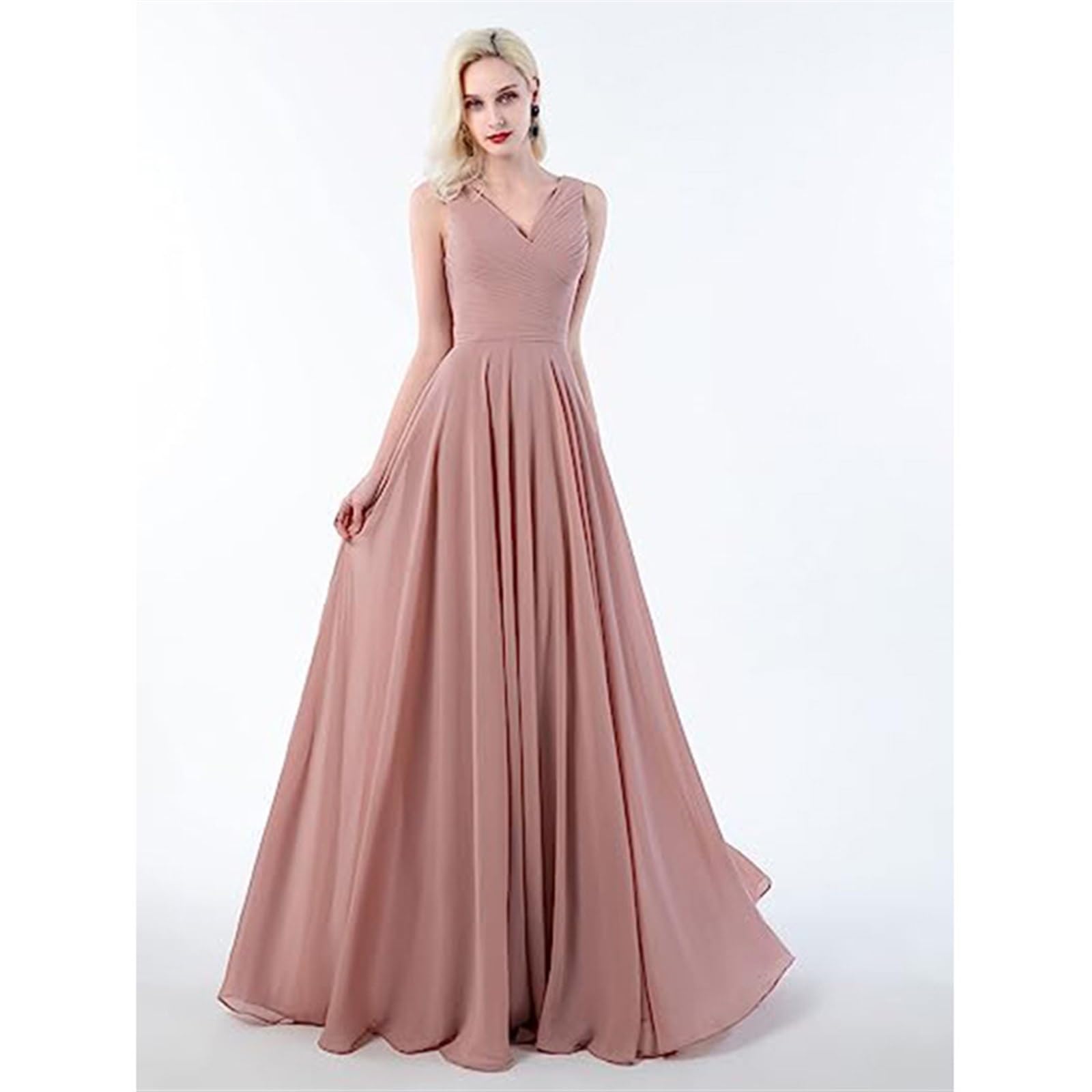 Vestidos de Dama de Honor for Mujer, Vestidos de Dama de Honor de Gasa con Cuello en V for Boda, Vestido Formal Largo de Cintura Alta for Bodas, Vestidos de Noche Fruncidos de línea A