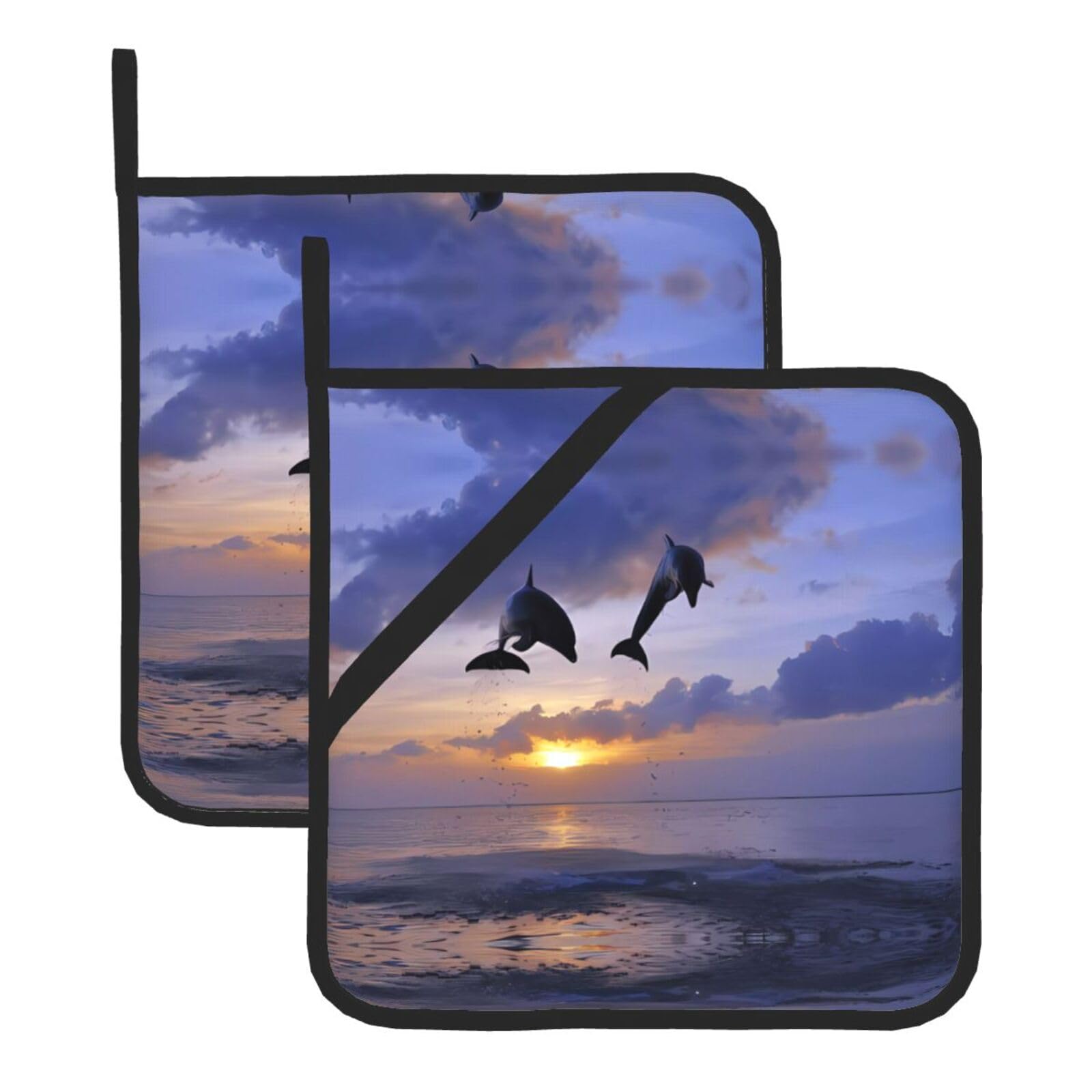 Whjssf Elegant Dolphin Prints Square Hot Pads For Kitchen - Waterproof Trivets, Durable Pot Covers With Hanging Loops - Set Of 2 (One With Pocket)