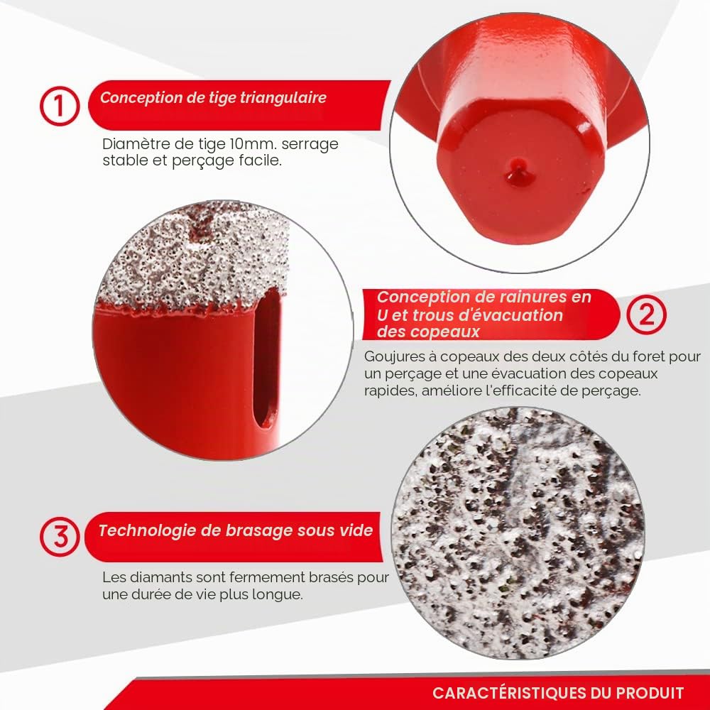 DT-DIATOOL Forets diamantés avec tige triangulaire 11 pièces/set 6/8/10/20/25/28/32/35/45/50/65 mm Perçage de trous pour carreaux de porcelaine Céramique Maron Granite Maçonnerie et quartz