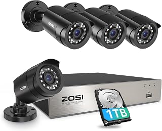 ZOSI 3K Lite 8CH Security Camera System w/ AI Human Vehicle Detection, 4x 1080P Weatherproof Cameras, H.265+ DVR, 1TB HDD, Remote App Access