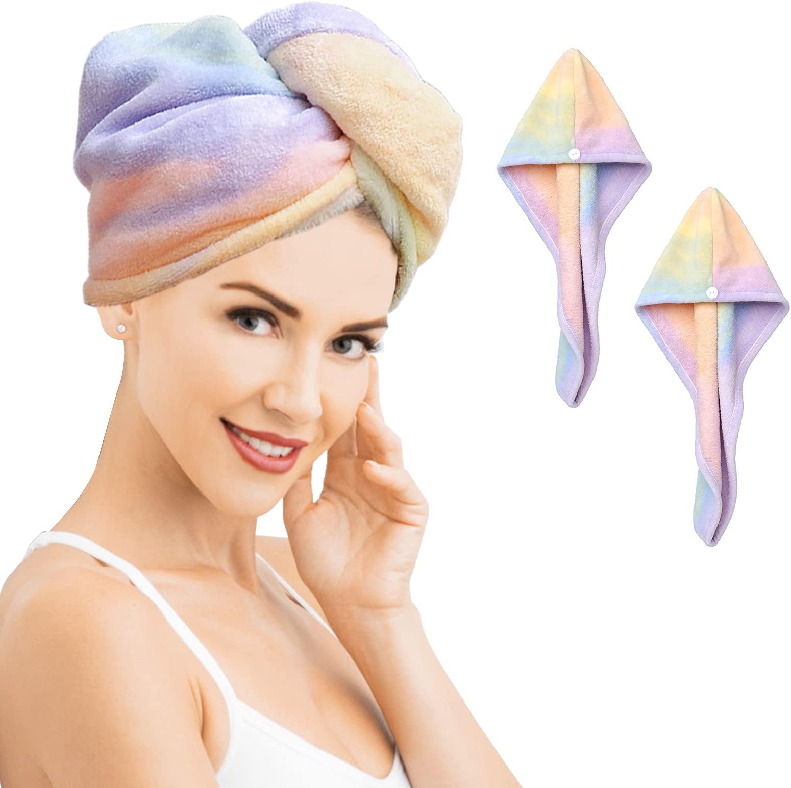 – QKTYB 2 Pack Microfiber Hair Towel Wrap Rainbow Quick Dry Super Absorbent Twist Turban Drying Hair Caps with Button Dry Hair Hat for Women Girl,65 x 25cm