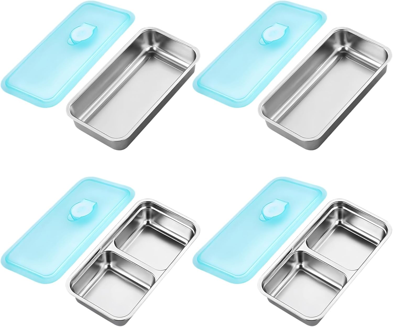 Food Grade Bento Box With Lid Double Compartment Steel 4 Pcs Containers Includes Stainless Snack Office 2 Pcs Single + 2 Pcs Double Travel Lunch Ideal Set For