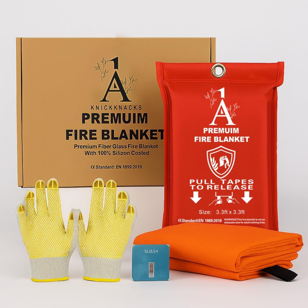 Premium Fire Blanket – 40"x40" Silicone-Coated Fiberglass, Emergency Fire Safety Blanket, Heat-Resistant, Includes Gloves & Hook for Home, Kitchen, and RV Use