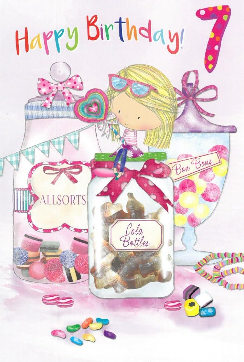 Age 7 Girl Birthday Card - 7th Birthday Girl with Jars of Sweets 7.75x5.25"