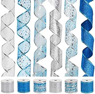 VATIN Christmas Ribbon,Wired Holiday Party Ribbons Assorted Snowflake Dot Holly Star Patterns Decorations, Swirl Sheer Glitter Ribbon 33 Metre (63mm Width x 5.5m Each Roll) -Blue/Silver