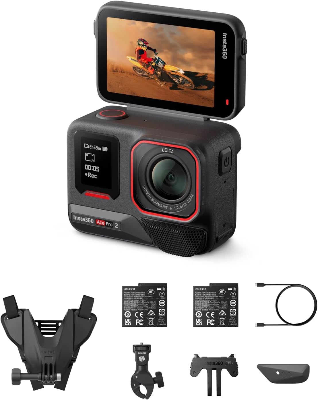 Insta360 Ace Pro 2 Pack Moto - Action cam 8K, doppia batteria | Videocamera impermeabile, sensore 1/1.3", doppio chip IA, superba in bassa luce, touchscreen direzionale, editing IA per Vlog