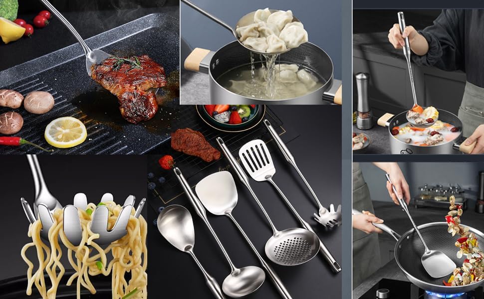 Miniatura 3 de Juego de utensilios de cocina de acero inoxidable 304, apto para lavavajillas, ergonómicos y cómodos, juego de 6 utensilios de cocina de acero