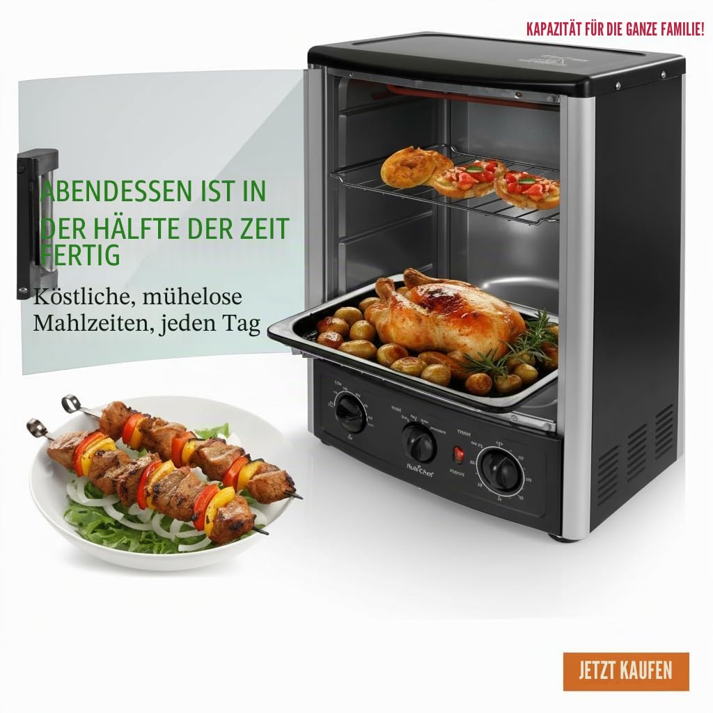 NutriChef Heißluft-Multiofen mit Drehspieß – 23 L Mini-Backofen mit Umluft und Grillfunktion Dönergrill für Zuhause, Kebab und Hähnchengrill, Kompakter Elektroofen mit Timer und Temperaturregelung