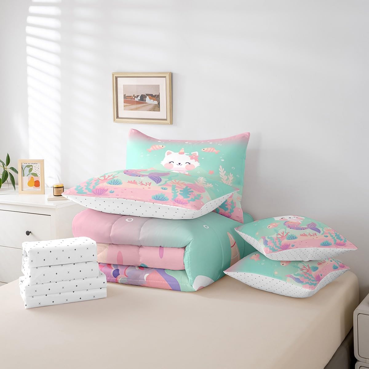 Manfei 7 Pieces Mermaid Kids Comforter Set Queen Size, Cute Cat Mermaid Unicorn Bedding Set for Boys Girls Room Decor, Marine Life Bed in a Bag with Comforter, Fitted Sheet, Top Sheet and Pillowcases