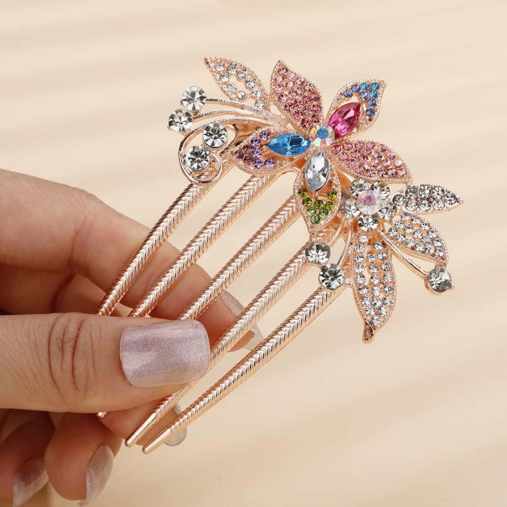 Missgrace Boho Simple Luxury Glitter Sparkly Flower Pink Crystal Rhinestones Hair Side Combs Hairpins Barrettes Bride Hair Clips Accessories for Women Girls (Colorful)