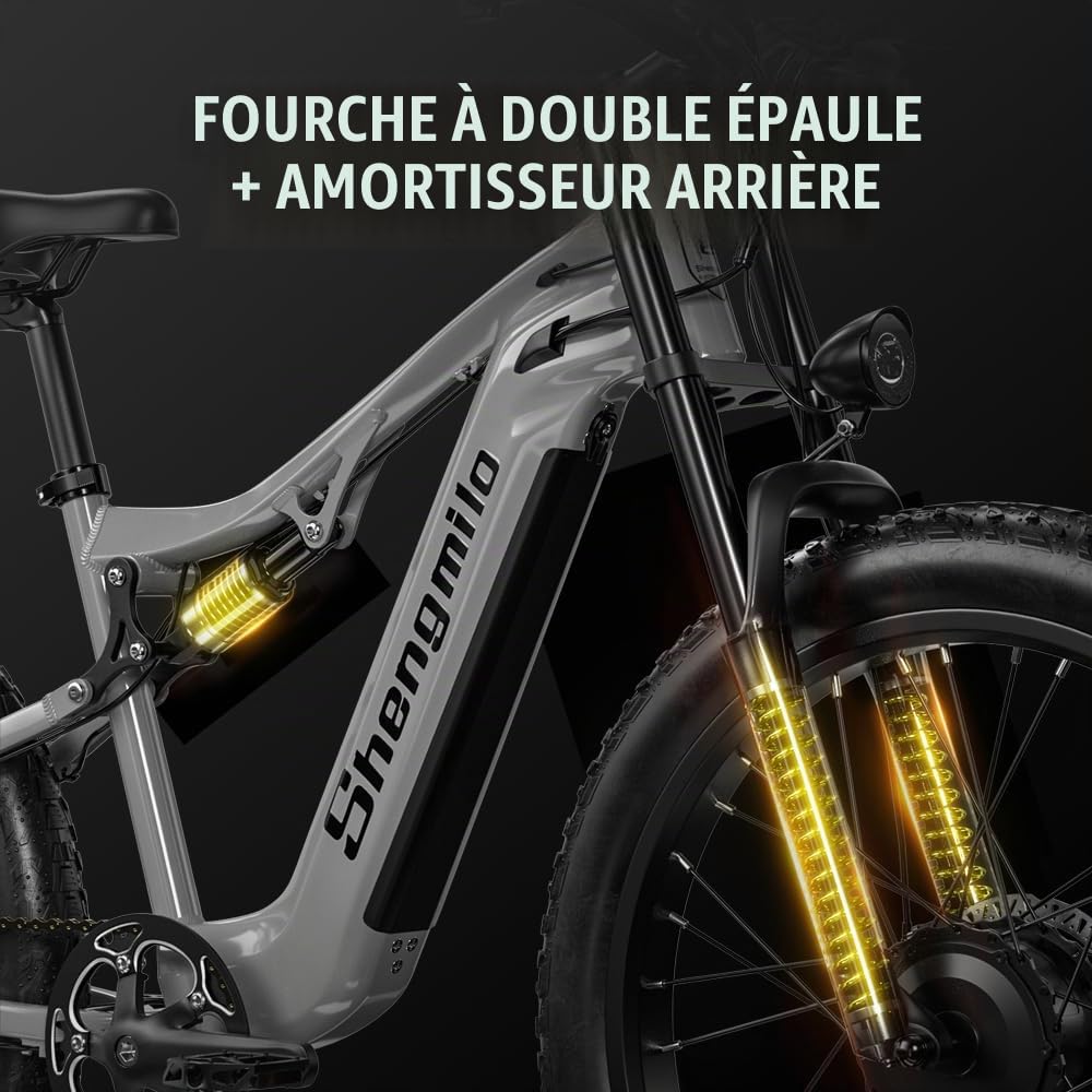 Vélo électrique Shengmilo-MX04, vélo électrique 26" Fat Tire pour Adultes, VTT électrique avec 3 Modes de Conduite, Moteur BAFANG, Batterie LG Amovible 48 V 15 Ah, Freins à Disque hydrauliques