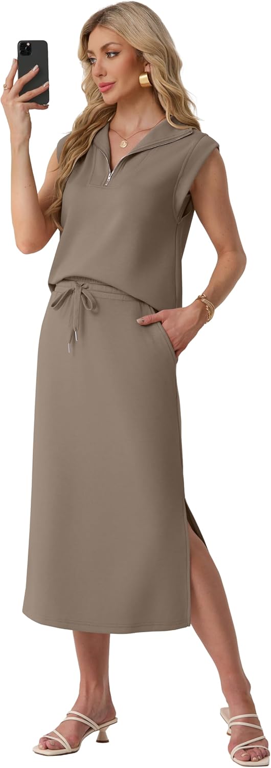 Lepunuo Women Skirt Sets 2 Piece Outfits Casual Half Zip Lapel Cap Sleeve Tops Split Maxi Skirt Airport Travel Outfits - Image 3