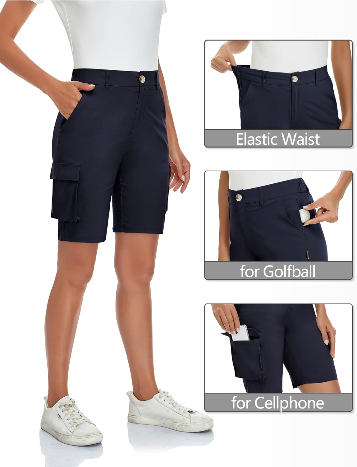 SONEVEN Shorts Women Bermuda Casual Sport Lightweight Waterproof with 6 Pockets for Yoga Leisure, Elastic Waist and Available Straps, Light Grey, S