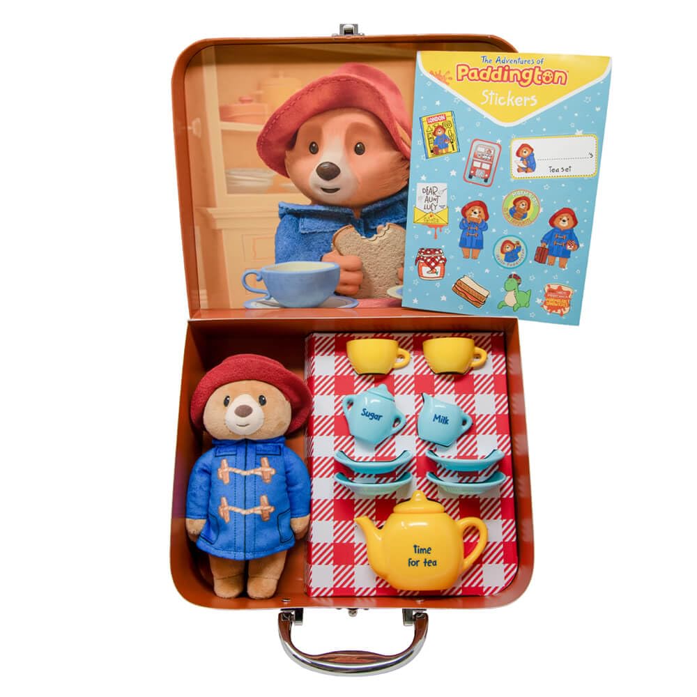 Rainbow Designs Paddington Bear's Toy Tea Set – 9-częściowy zestaw do herbaty dla dzieci z czajnikiem, kubkami, spodkami i dzbankiem na cukier – zawiera pluszową zabawkę, walizkę wielokrotnego użytku