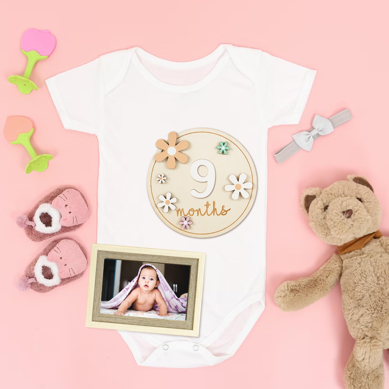 Biglietti Mensili per Bambini Carte Mensili in Legno Stile Floreale Cartello Ricordo Neonato 11 Numeri