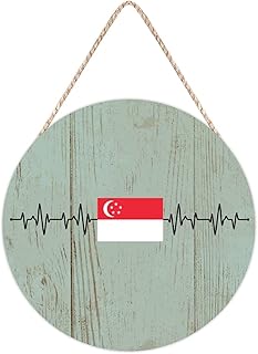 Singapore Flag Heartbeat EKG ECG Wood Door Sign Singapore Wood Hanger Plaques, Patriotic Country Flag Wooden Sign for Front Porch Housewarming Gifts 8 Inch