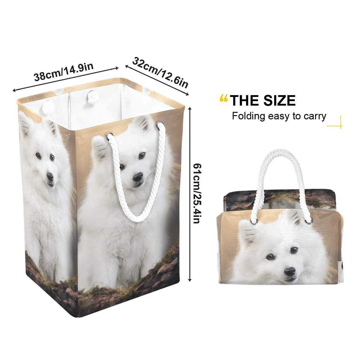 White Pet Dog Spitz Animals - Bolsa de lavandería para la ropa sucia plegable con asas fáciles de transportar