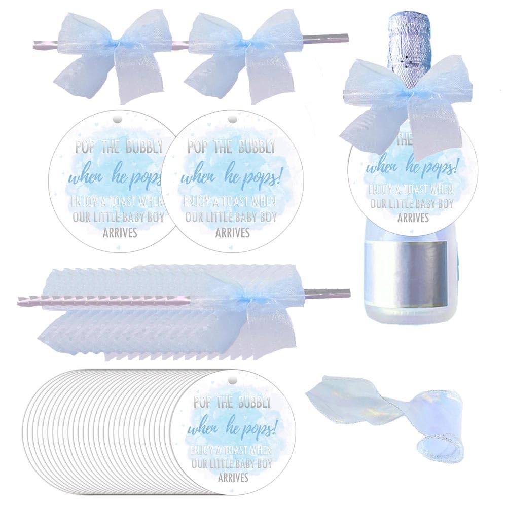 101 pcs “When She（He） Pops” Champagne Baby Shower Bottle Tags - 50 Elegant Baby Shower Favor Tags with Delicate Tulle Bow and White String for Party Guest Gifts Newborn Girl(Boy) Celebration (boy)
