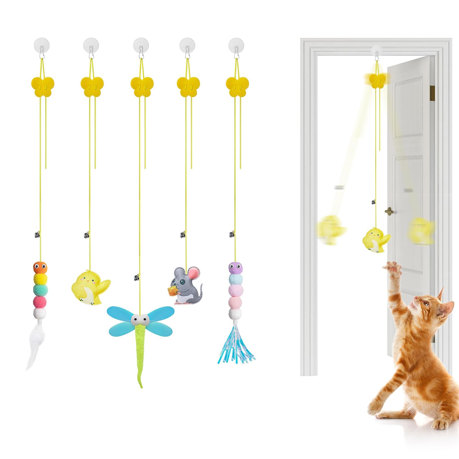 Interactive Cat Feather Toys 5 Pcs, Cat Teaser Retractable, Hanging Cat Toys Indoor Kitten Play Chase Exercise, Mental Physical Stimulation for All Breeds and Species