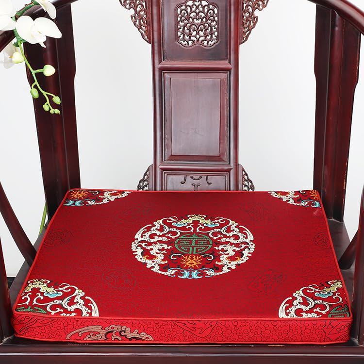 Custom Thicken Chinese Silk Brocade Seat Cushions for Dining Chair Sofa Armchair Pads Non-Slip Home Decor (19.7x15.8x1.58 inch, red falang)