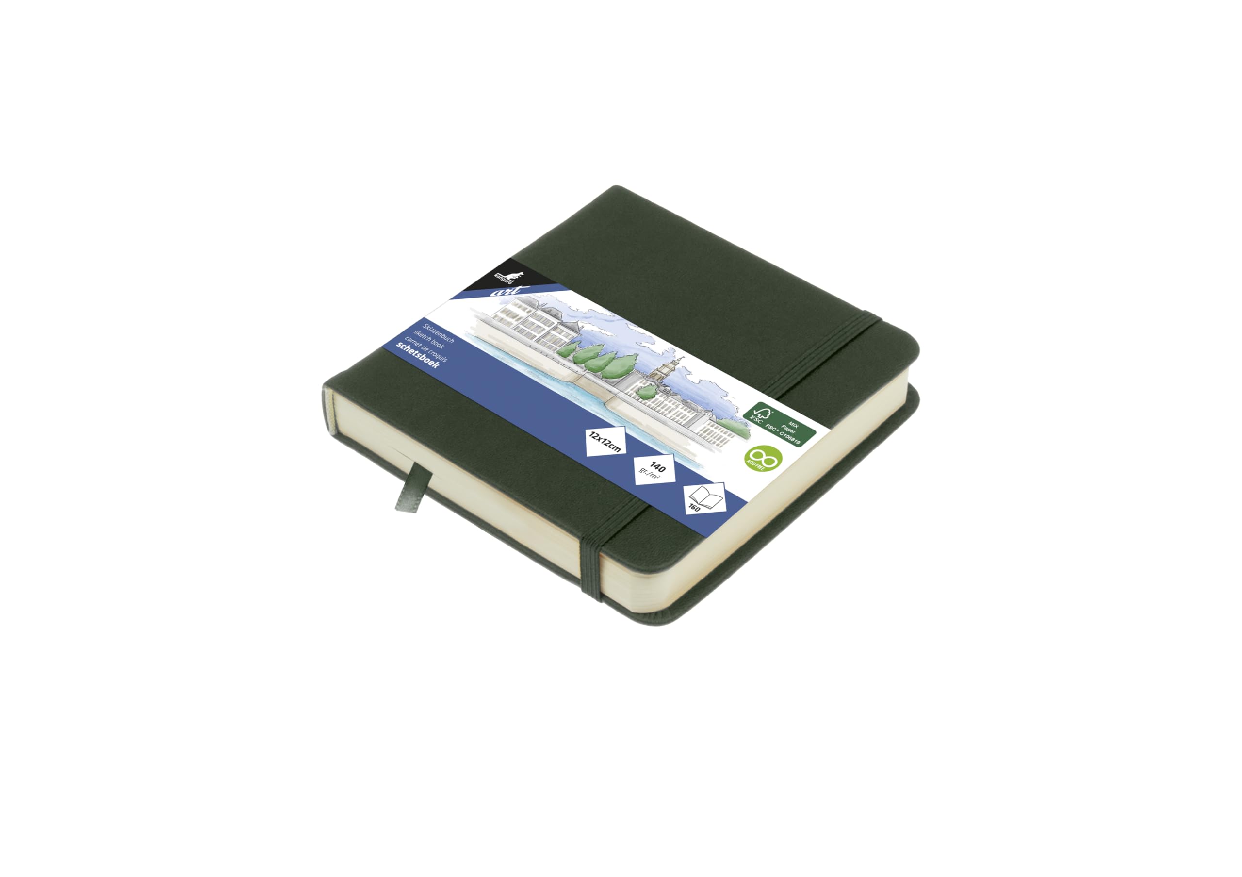 Kangaro Art Sketchbook 12 x 12 cm Forest Green PU Hard Cover 80 Sheets 140 g Cream Paper with Elastic Band and Ribbon