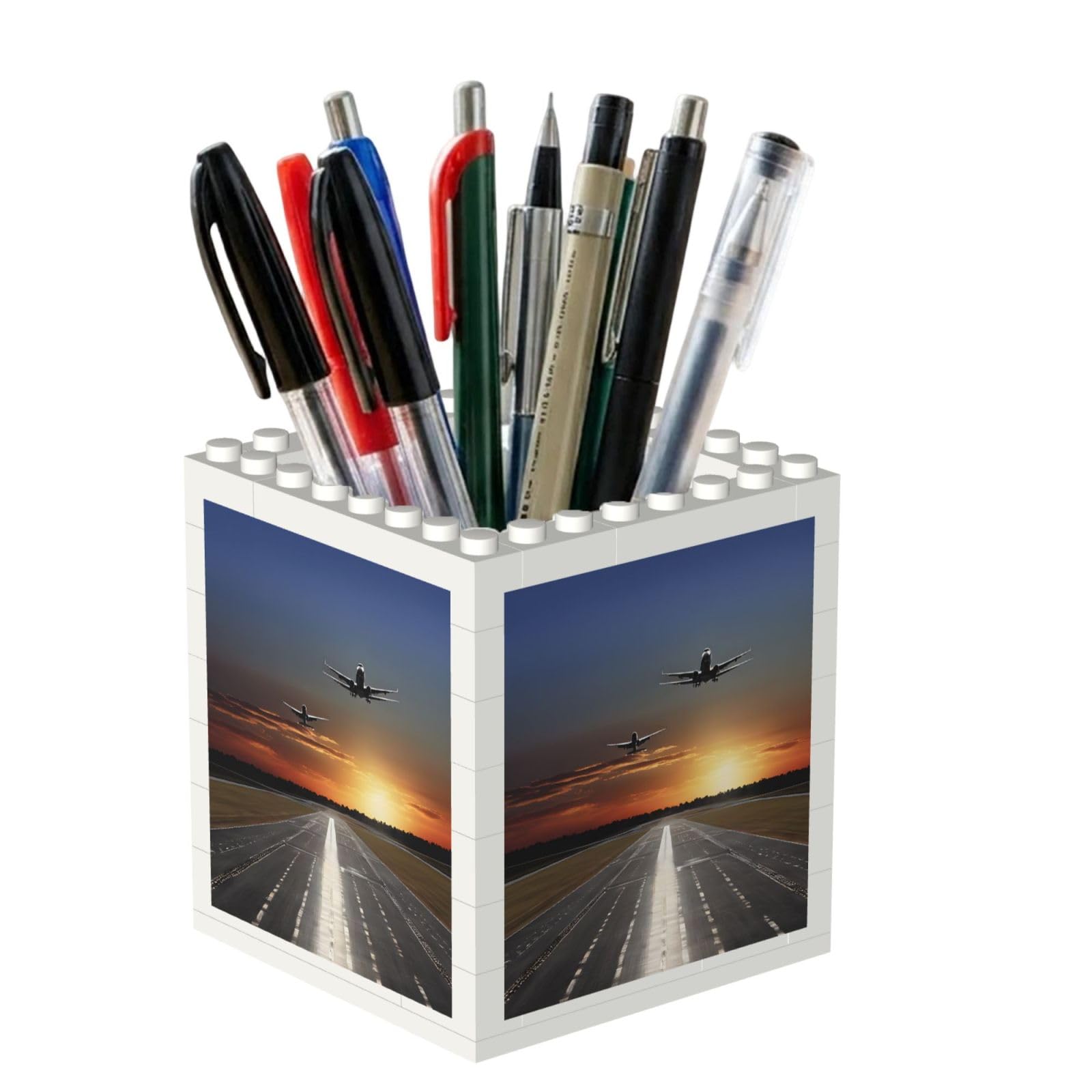 ESNAIUVCD Airport Print Building Block Pen Holder - Pencil Holder For Desk/Classroom,Desk Accessories, Multifunctional Office Supplies Pen Organizer Pencil Cups(2pcs)