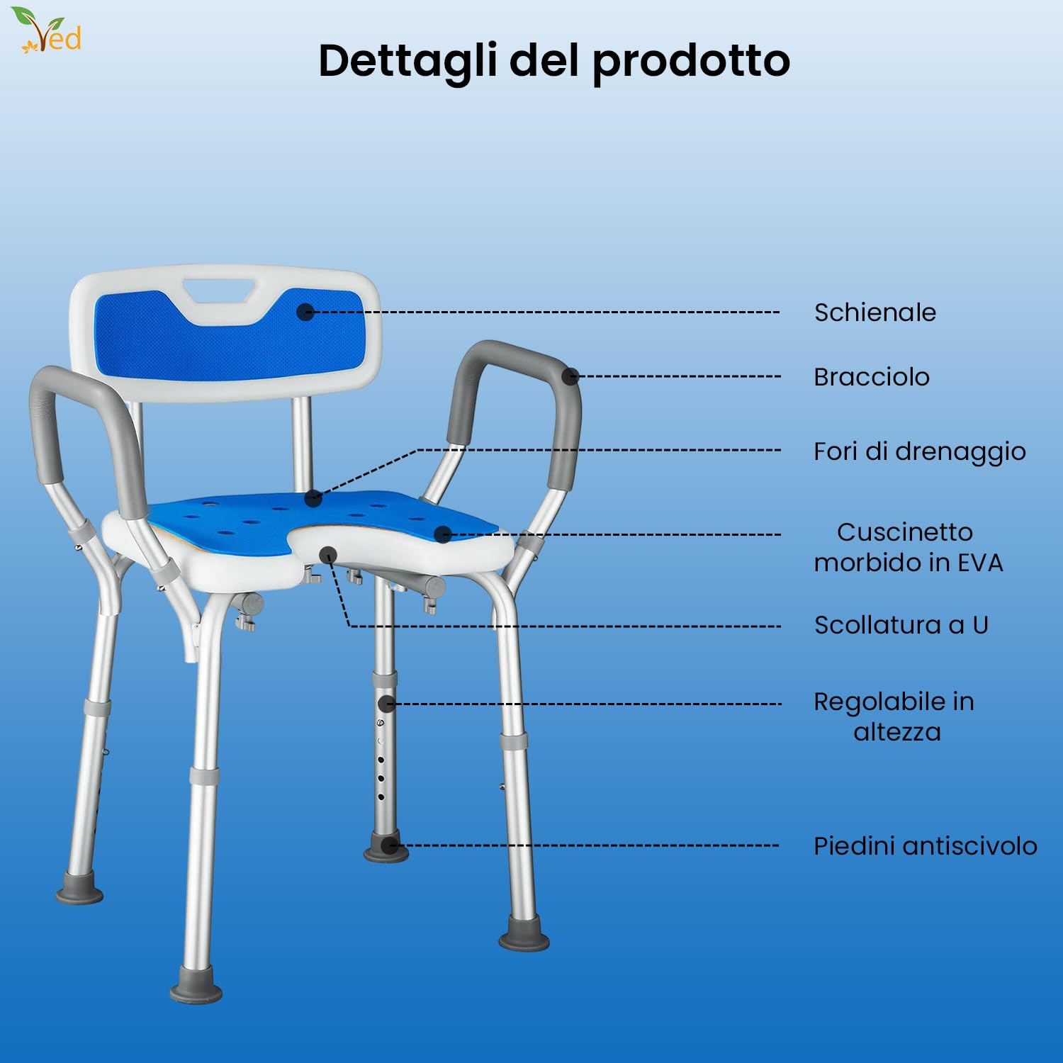 VED Sedia da Doccia a Forma di U con Braccioli e Schienale, Sgabello Regolabile in Altezza 6 Livelli, Antiscivolo per Anziani e Disabili, Capacità di Carico di 330 lb