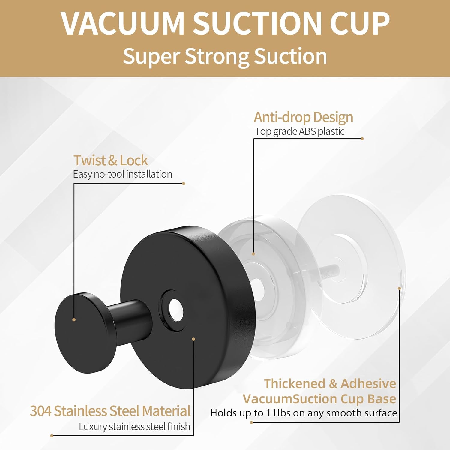 Condition photo showing New/Like New for stwwo suction cup hooks for shower, heavy duty towel hooks for bathroom walls no damage, modern shower suction hooks for kitchen wall, glass, mirror, tile, hanging towels robes, black (2 pack)