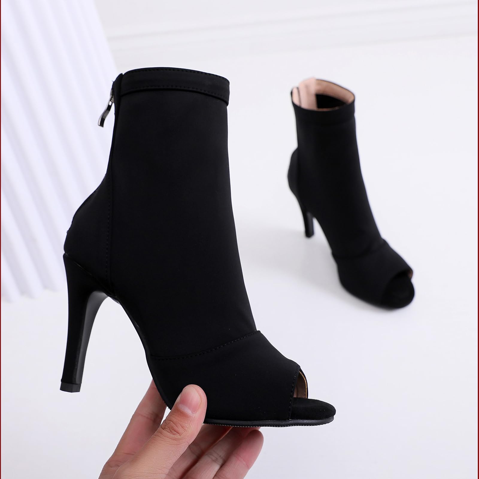 SWDZM Scarpe da Ballo Stivaletto Latino Americano Donna Punta Aperta con Tacco Alto Stivaletti da Sala Festa,Nero,Tacco 8.5cm,Gomma,41 EU