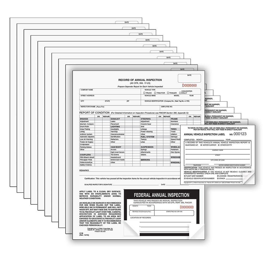 J.J. Keller 100-Pack DOT Annual Vehicle Inspection Forms - 2-Ply Carbonless Compliance Reports