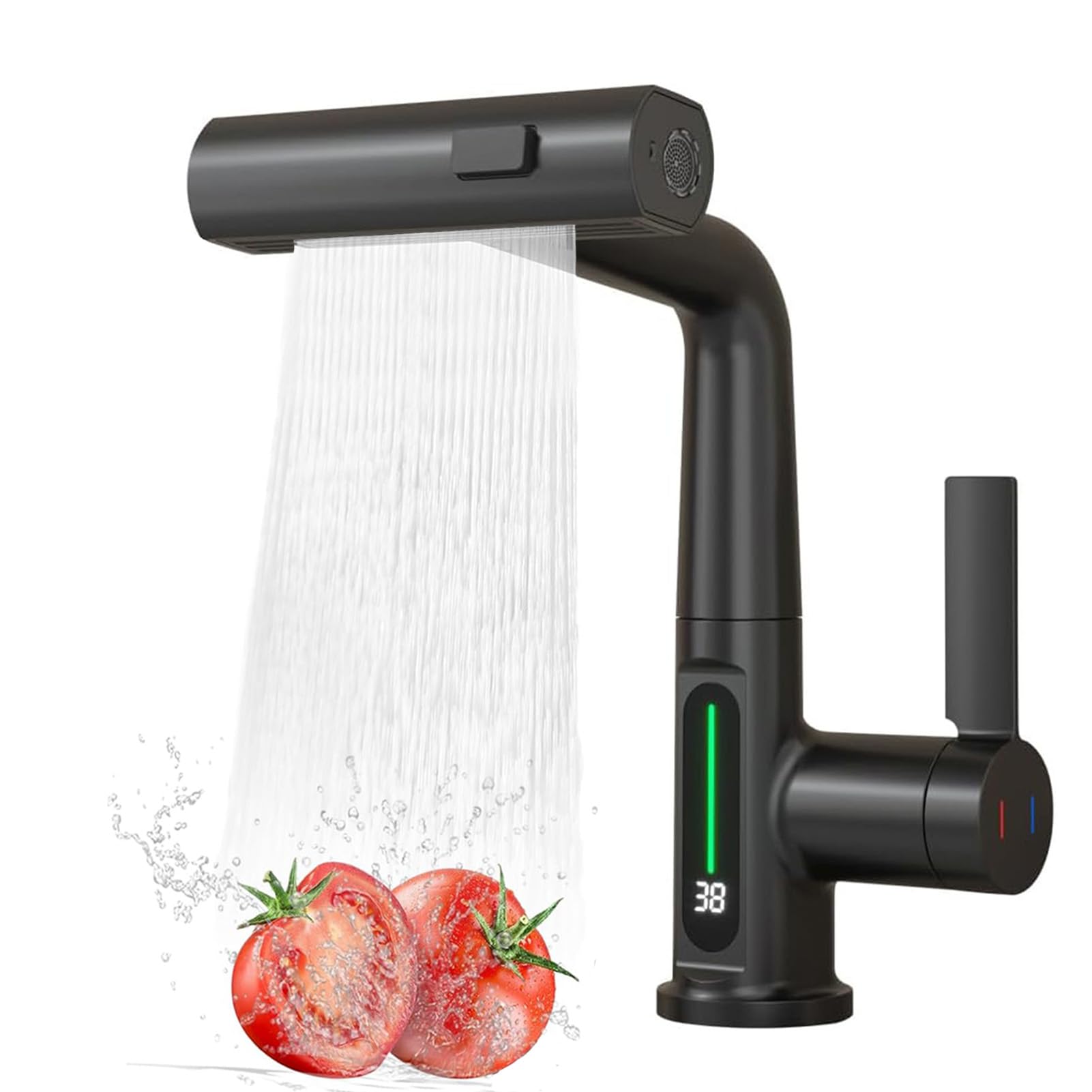Wasserhahn Küche mit Brause Ausziehbar, 3 Modus Küchenarmatur mit LED Temperaturanzeige, Einhebel Mischbatterie 360° Drehbar Spültischarmatur Küche Armatur Hochdruck, Höhenverstellbar, Schwarz